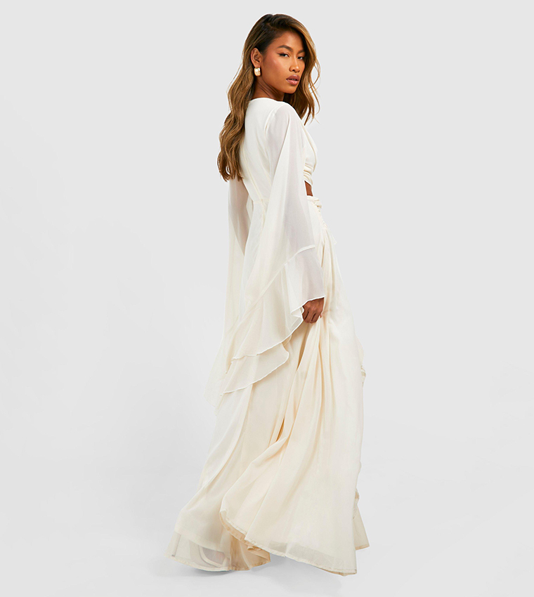 long sleeve cut out maxi dress in beige Long Sleeve Keyhole Cut Out Trim Detail Maxi Dress In Cream Texture | EGO US