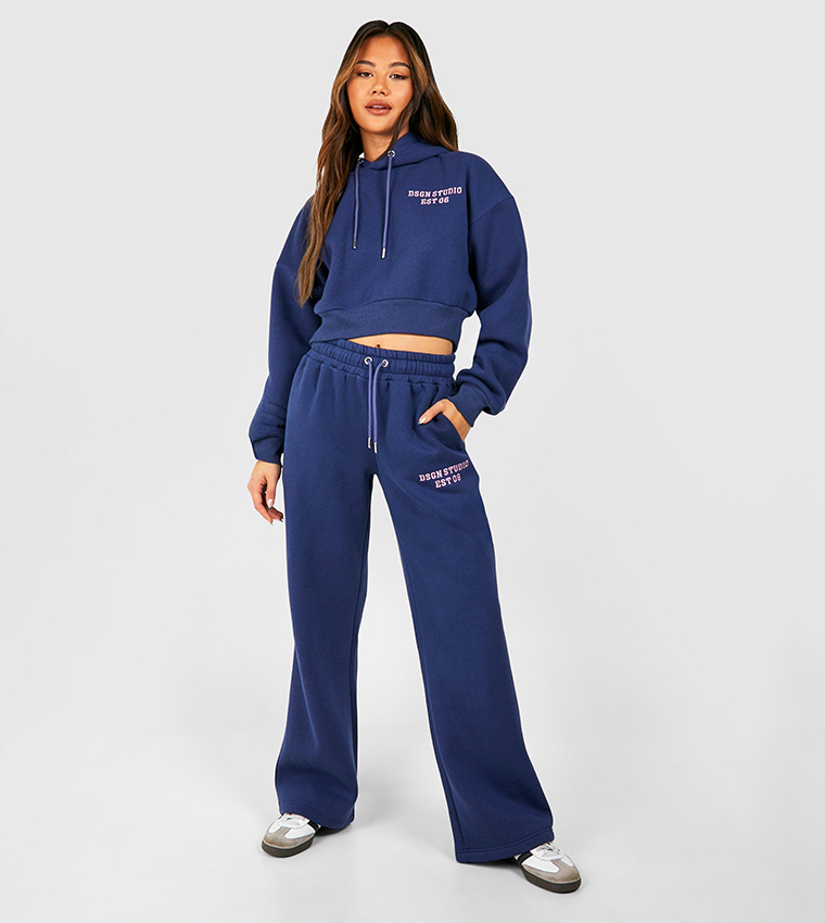 Buy Boohoo Design Studio Cropped Hooded Sweatsuit Set In Navy 6thStreet UAE