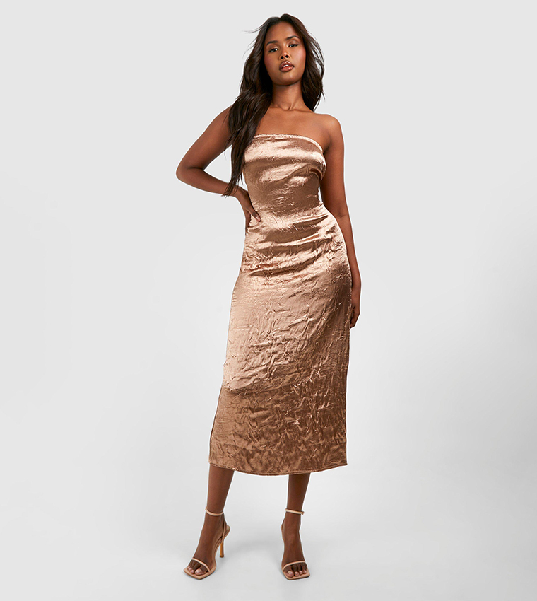 Buy Boohoo Textured Mesh Bandeau Maxi Dress In CHOCOLATE