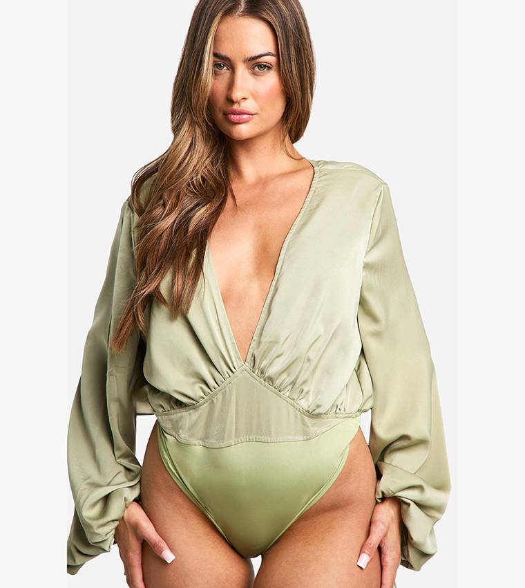 Buy Boohoo Balloon Sleeves Plunge Bodysuit Top In Green