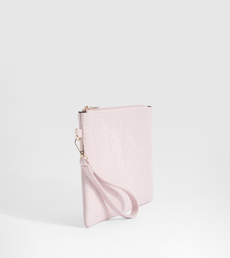 Buy Boohoo Croc Textured Zippered Clutch Bag In Pink | 6thStreet Qatar