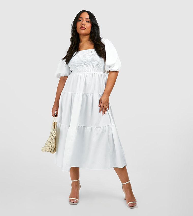 Buy Boohoo Tiered Shirred Midaxi Smock Dress In White 6thStreet UAE