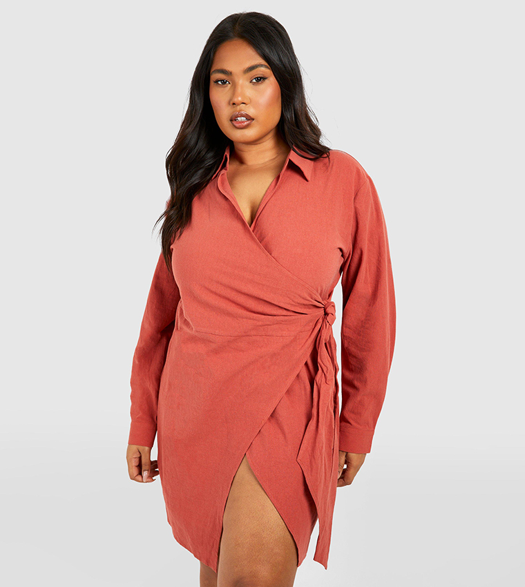 Buy Boohoo Linen Wrap Mini Shirt Dress In Orange | 6thStreet Qatar