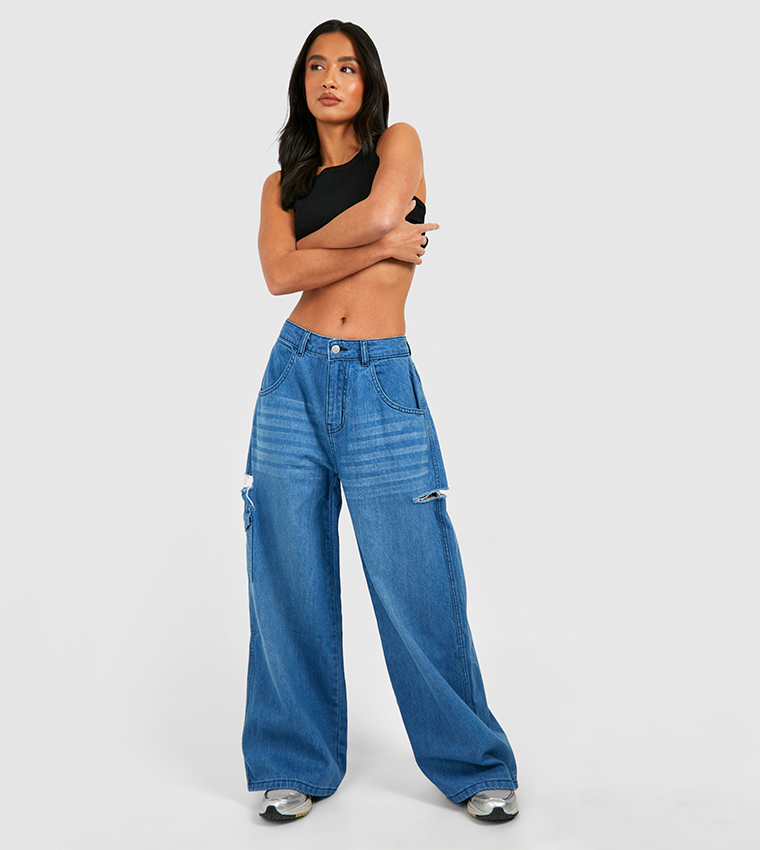 Petite Vintage Washed Side Rip Wide Leg Jeans