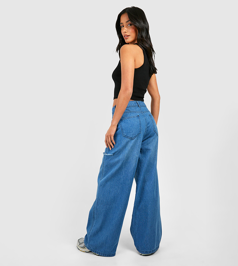 Petite Vintage Washed Side Rip Wide Leg Jeans