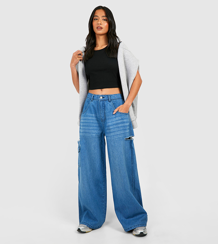 Petite Vintage Washed Side Rip Wide Leg Jeans