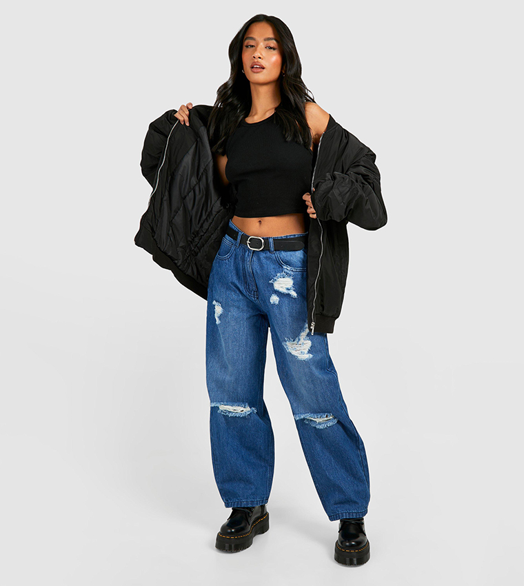 Buy Boohoo Petite Washed Blue Distressed Baggy Jeans In Blue
