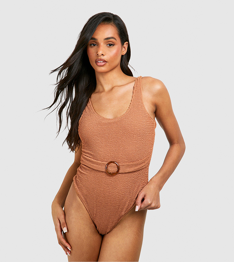 Buy Boohoo Tall Crinkle Scoop Belted Swimsuit In Beige 6thStreet