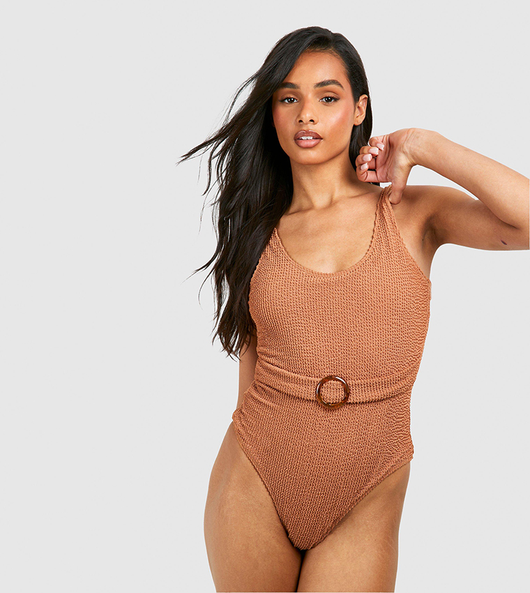 Buy Boohoo Tall Crinkle Scoop Belted Swimsuit In Beige 6thStreet