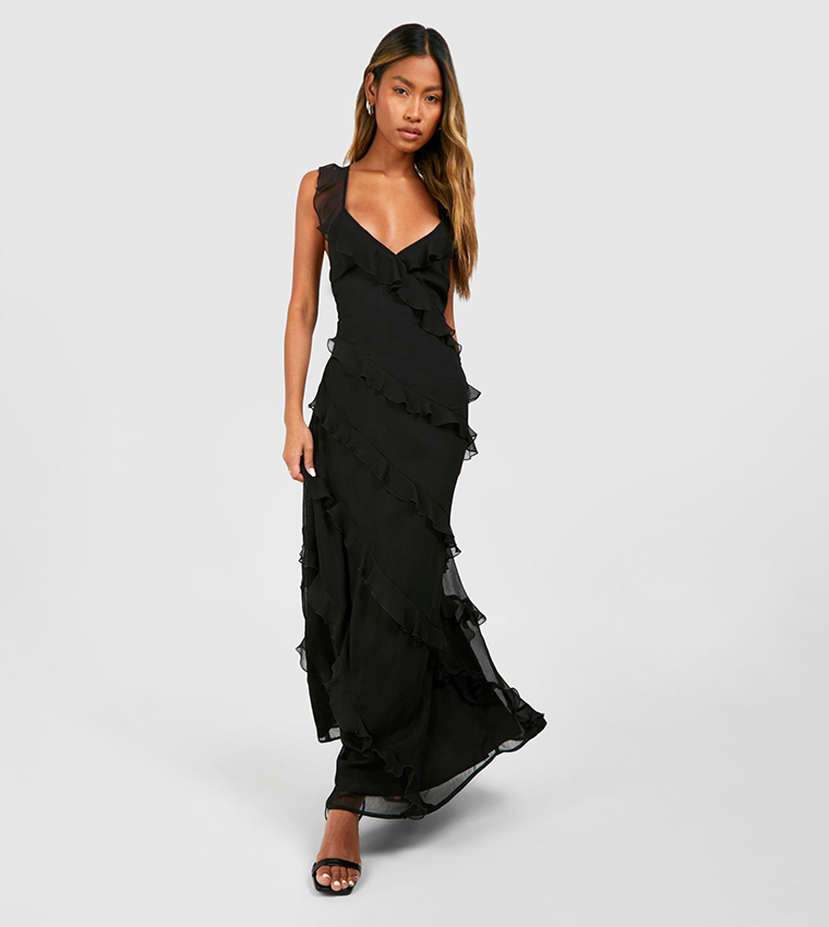 Buy Boohoo Chiffon Ruffle Strappy Maxi Dress In Black 6thStreet UAE