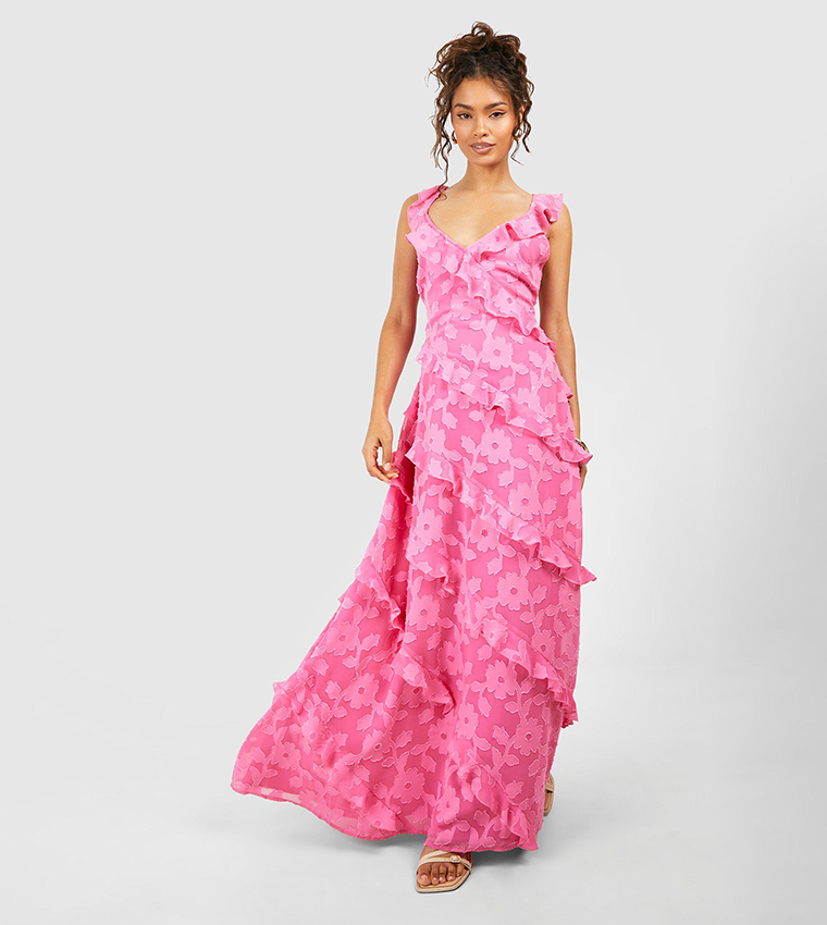 Jacquard Ruffle Strappy Maxi Dress