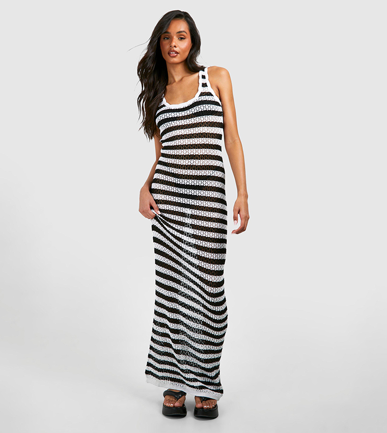 Buy Boohoo Tall Striped Crochet Beach Maxi Dress In Black | 6thStreet UAE