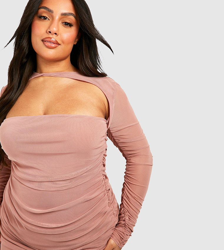 Buy Boohoo Curve Mesh Twist Detail Ruched Bodycon Dress In Pink | 6thStreet  Kuwait