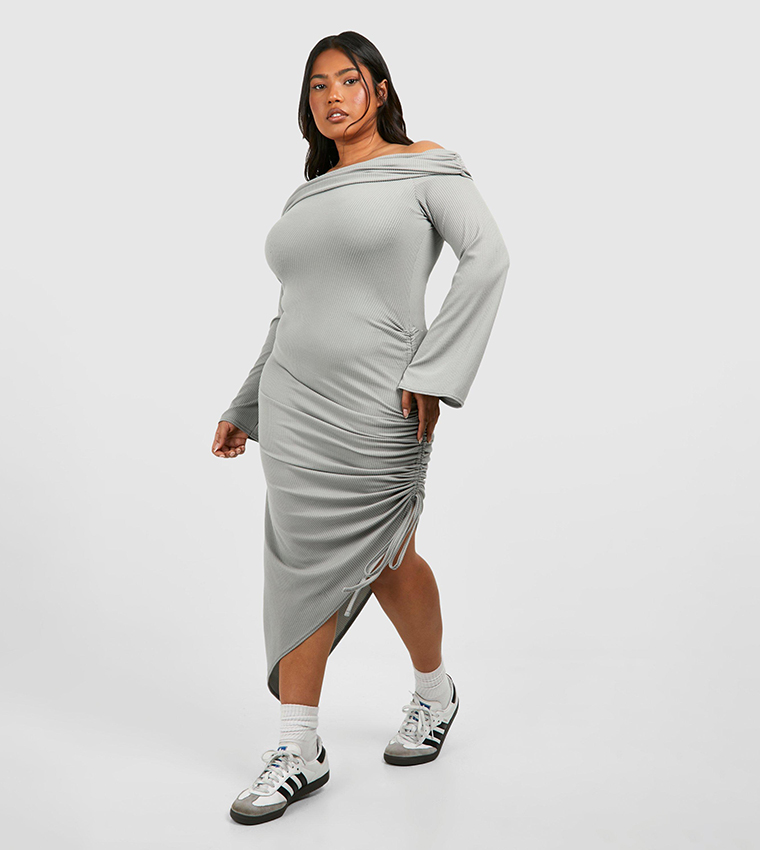 Ribbed Off Shoulder Ruched Split Dress