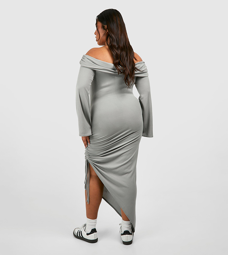 Ribbed Off Shoulder Ruched Split Dress