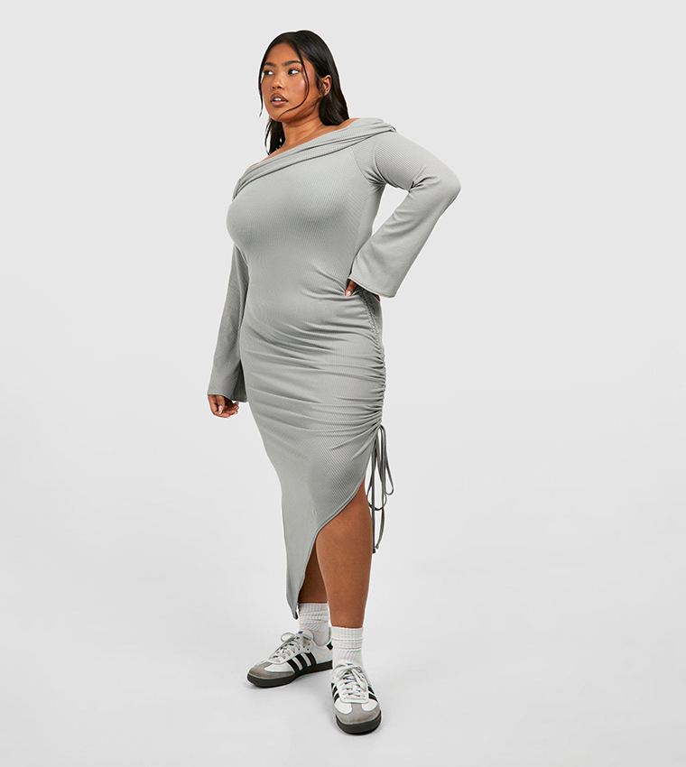 Ribbed Off Shoulder Ruched Split Dress