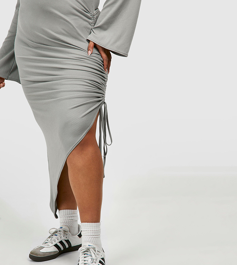 Ribbed Off Shoulder Ruched Split Dress