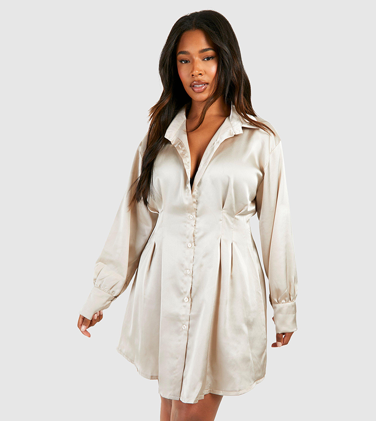 Buy Boohoo Cinched Waist Loose Satin Shirt Dress In Beige 6thStreet UAE