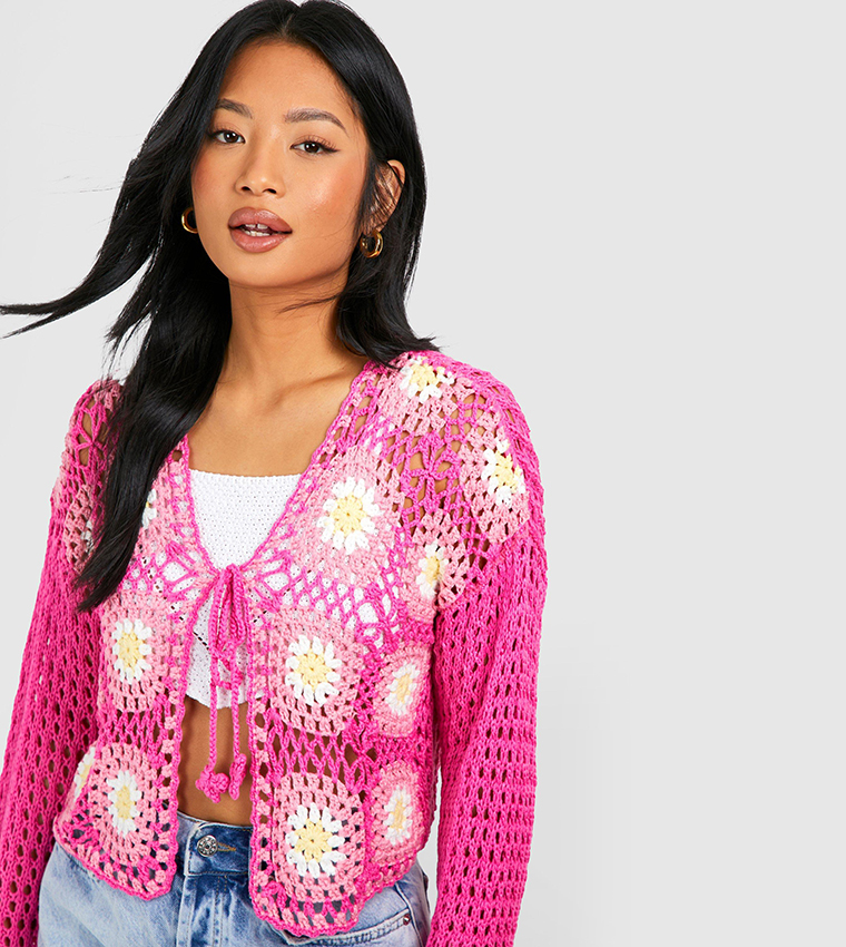 Buy Boohoo Petite Patchwork Crochet Tie Front Cardigan In Pink