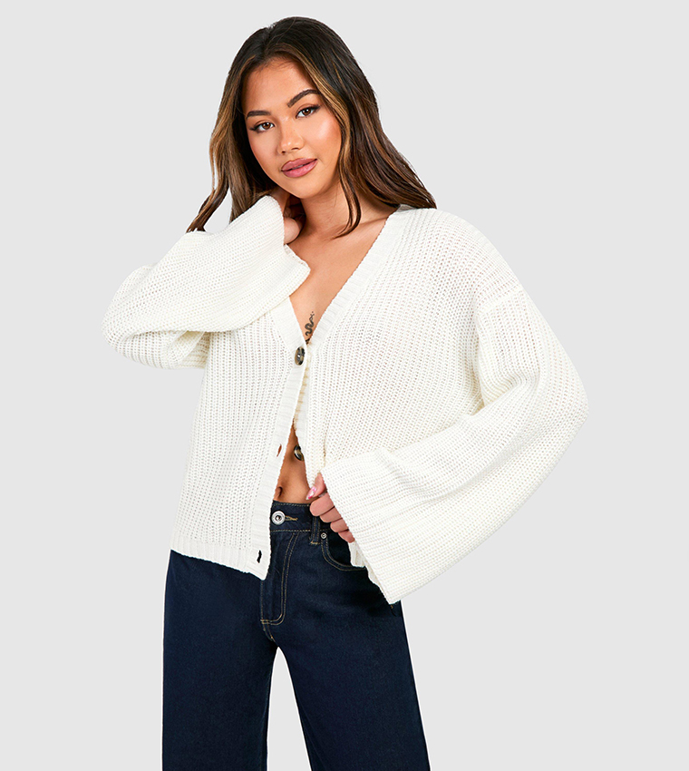 Buy Boohoo Wide Sleeves Fisherman Knit Button Through Cardigan In White ...