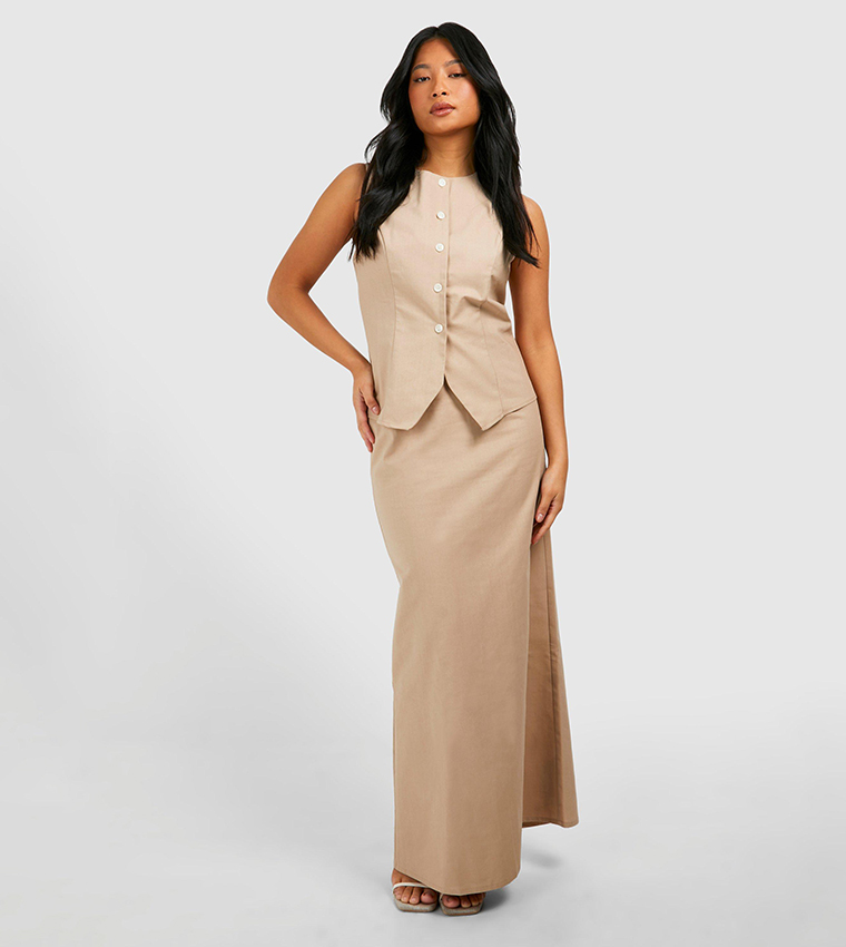 Buy Boohoo Petite Linen Blend Maxi Skirt In Beige 6thStreet Oman