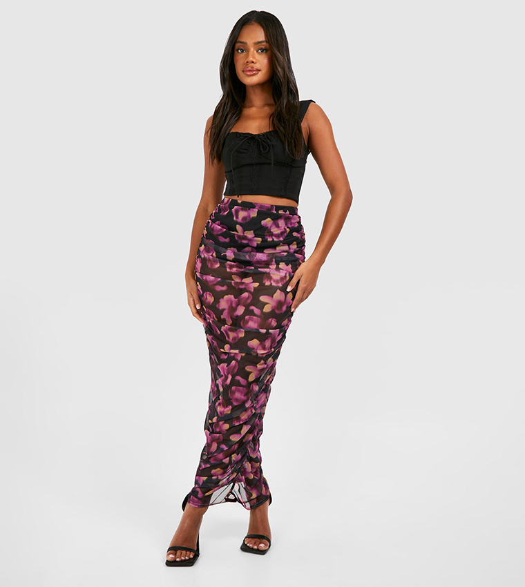 Ruched Mesh Floral Printed Maxi Skirt