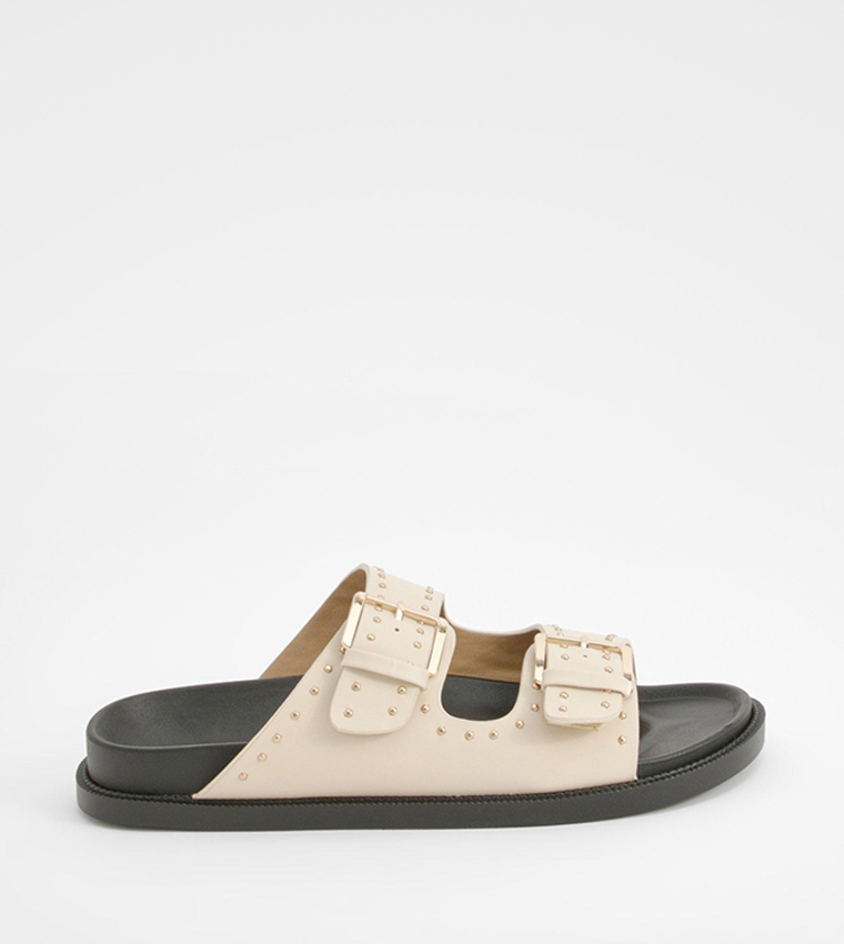 Buy Boohoo Studded Footbed Buckle Sliders In Beige 6thStreet Qatar - Main Image