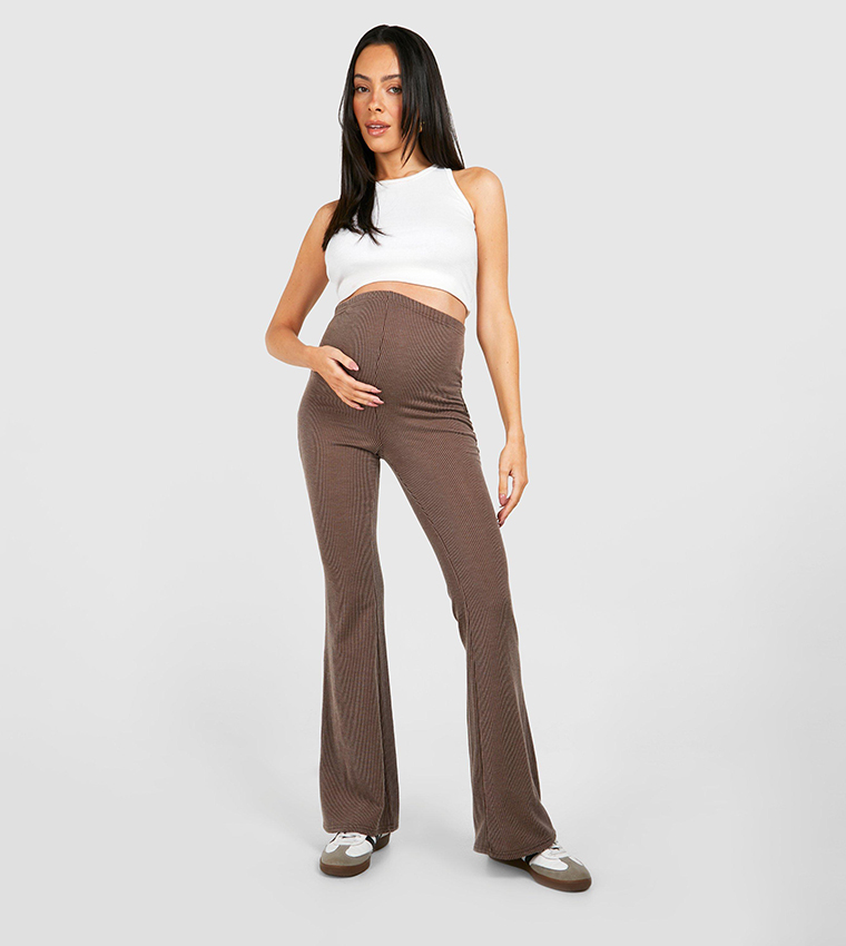 Buy Boohoo Maternity Acid Wash Ribbed Flared Leggings In Khaki