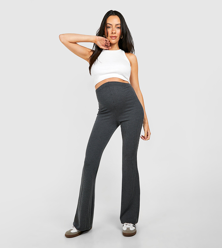 Buy Boohoo Maternity Acid Wash Ribbed Flared Leggings In Grey