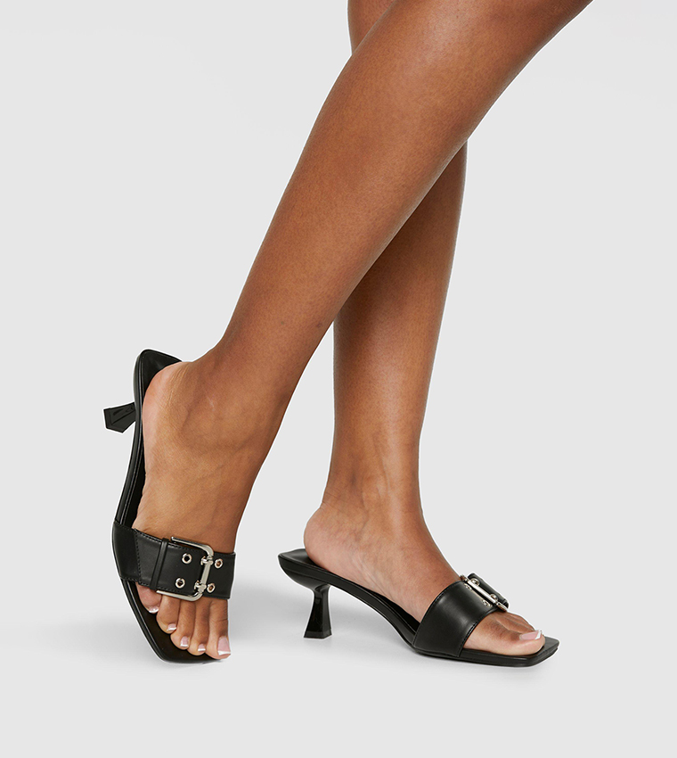 Wide Fit Buckle Detail Low Square Toe Heel Sandals