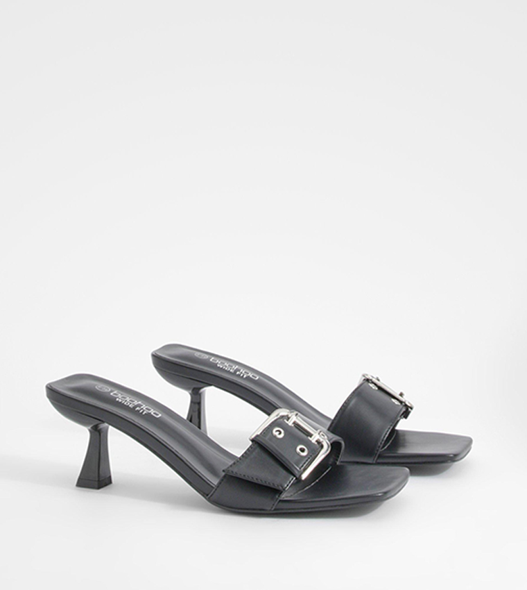 Wide Fit Buckle Detail Low Square Toe Heel Sandals