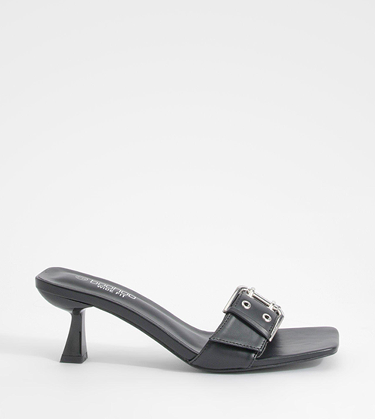 Wide Fit Buckle Detail Low Square Toe Heel Sandals
