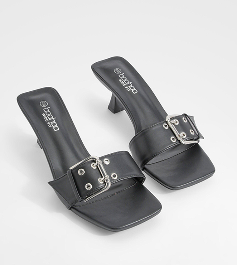 Wide Fit Buckle Detail Low Square Toe Heel Sandals