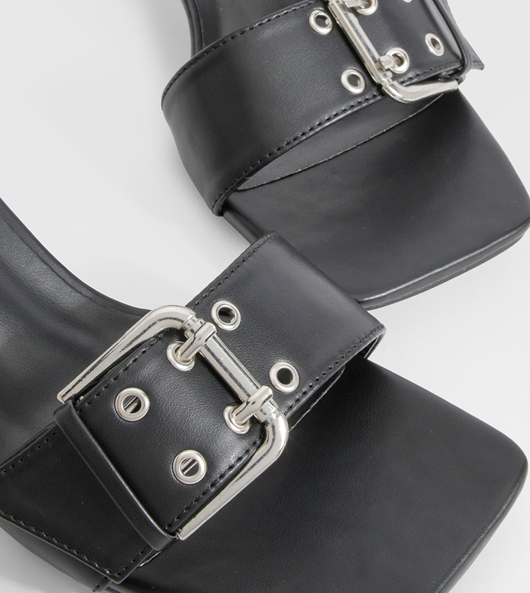 Wide Fit Buckle Detail Low Square Toe Heel Sandals