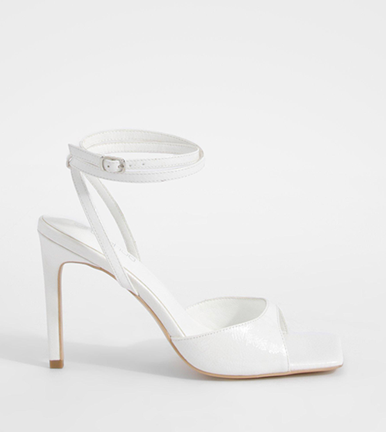 Buy Boohoo Patent Square Toe Ankle Wrap Heel Sandals In White
