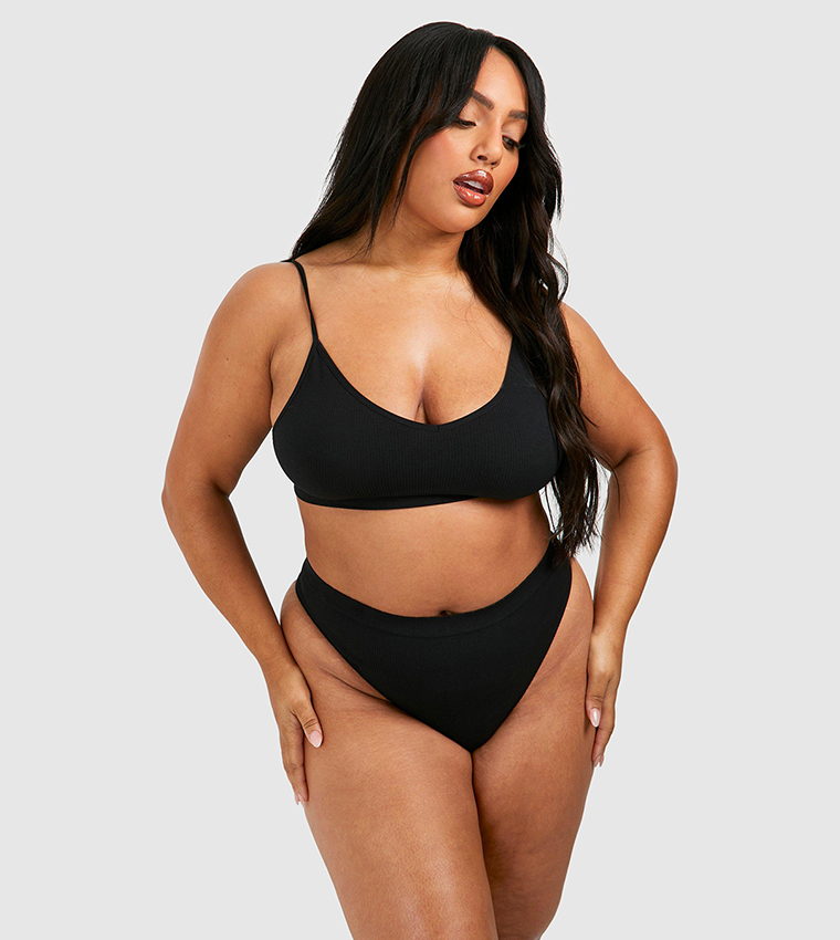 Buy Boohoo Plus Rib Seamless Thong In Black