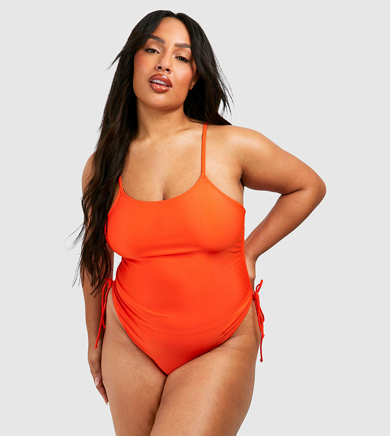 Orange Scoop Neck Ruched Swimsuit, Swimwear