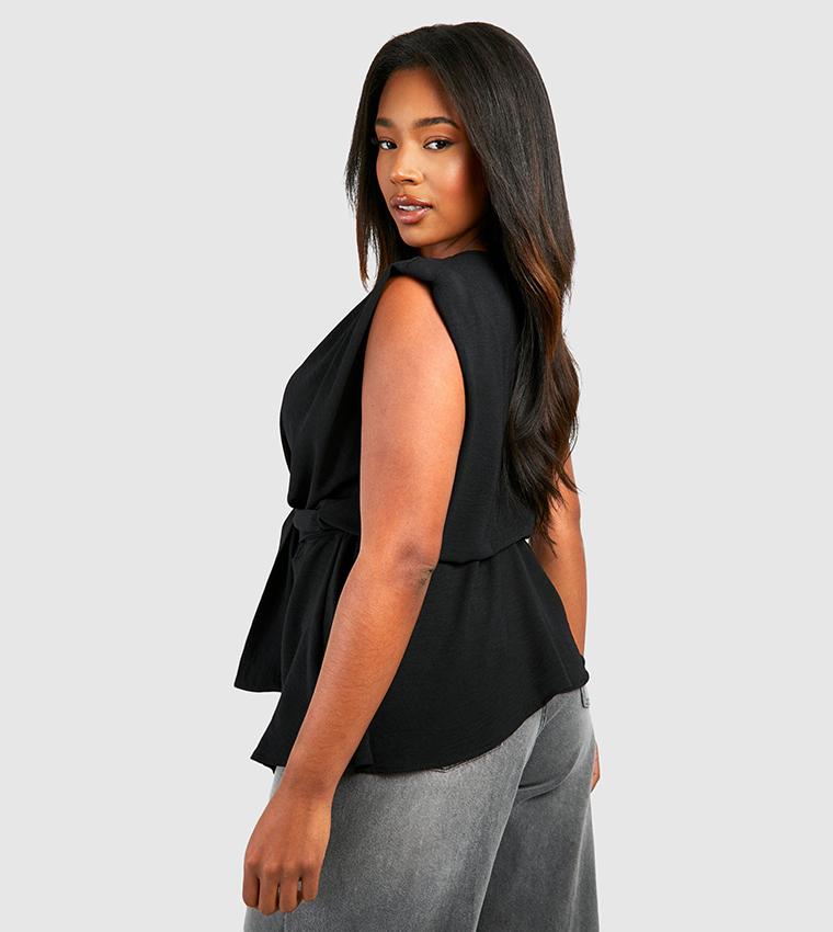 Buy Boohoo Curve Hammered Belted Wrap Peplum Top In Black