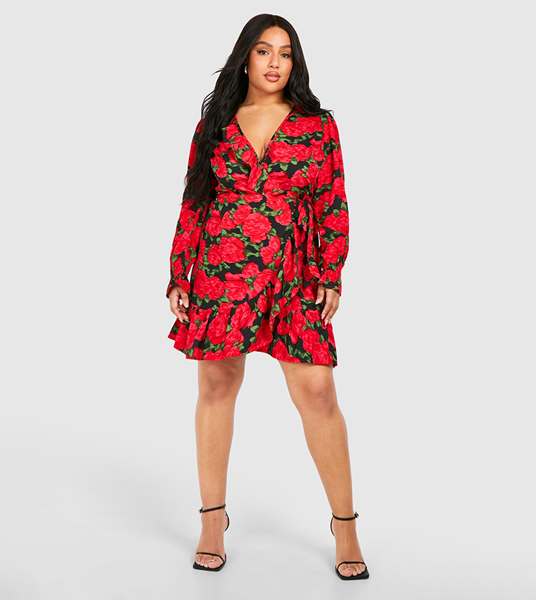 Buy Boohoo Curve Floral Long Sleeves Wrap Dress In Red 6thStreet Saudi Arabia