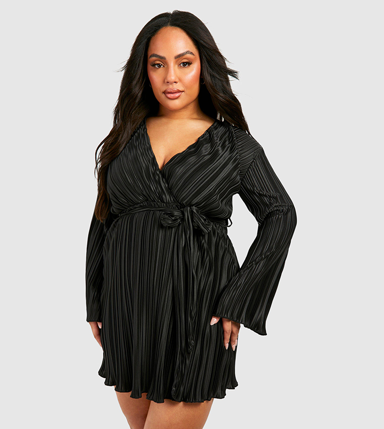 Buy Boohoo Wide Plisse Flared Sleeves Skater Dress In Black