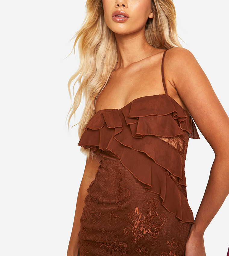 Buy Boohoo Lace Frill Asymmetric Midaxi Dress In Brown | 6thstreet Qatar