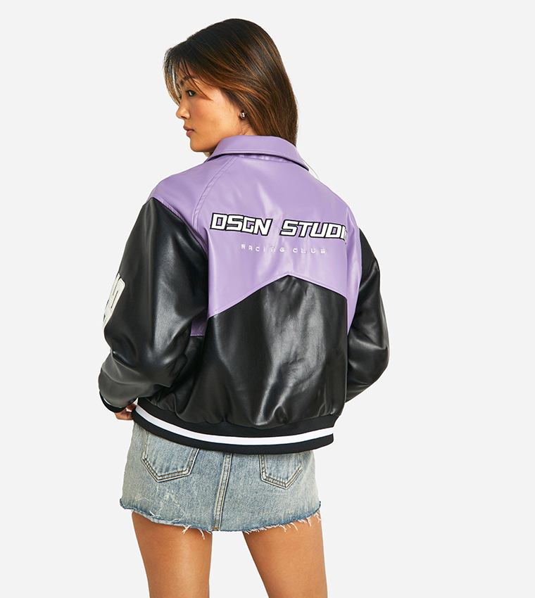 Contrast Oversized Moto Faux Leather Bomber Jacket