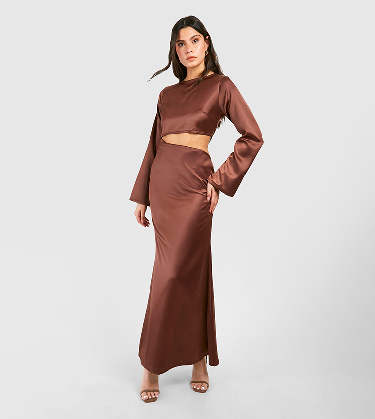 boohoo brown satin dress Brown Satin Puff Sleeve Tie Back Midaxi Dress