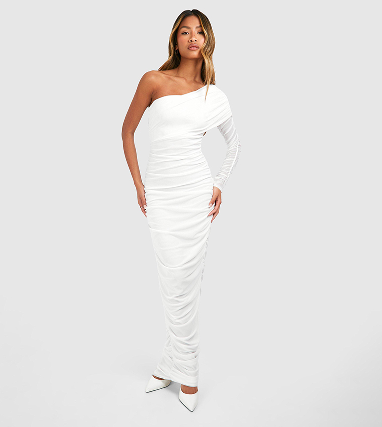 One Shoulder Ruched Mesh Maxi Dress