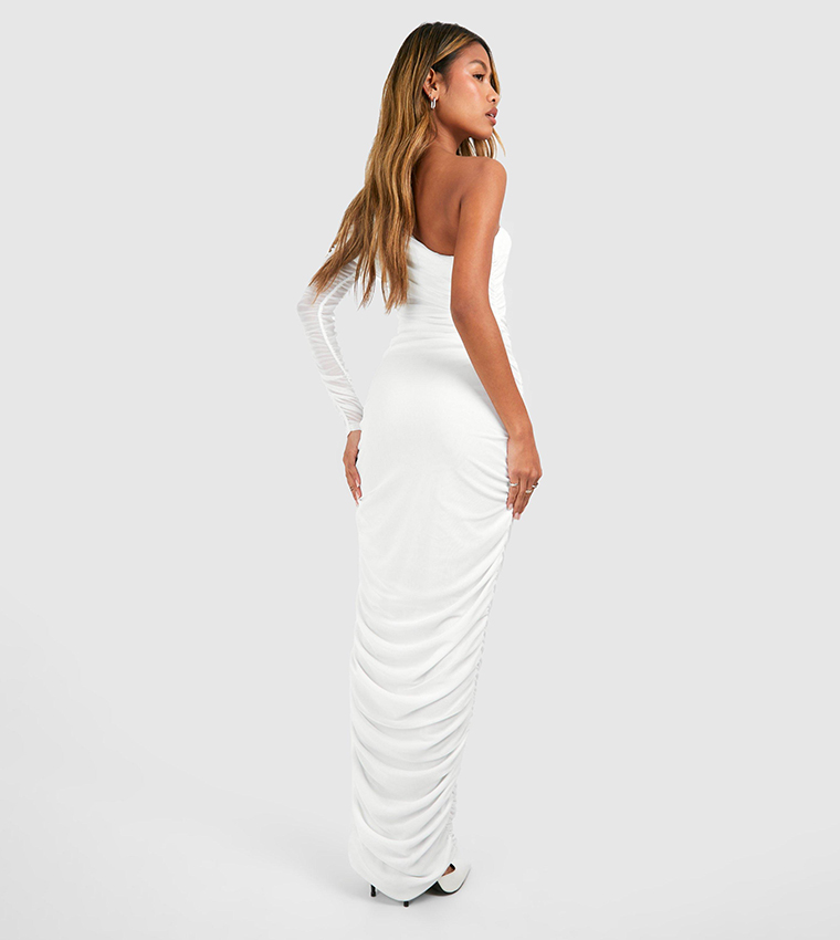 One Shoulder Ruched Mesh Maxi Dress