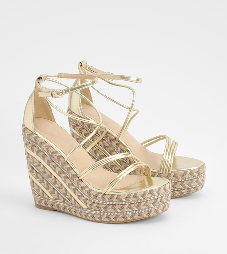 Buy Boohoo Metallic Strappy Detail Wedges In Gold 6thStreet Kuwait