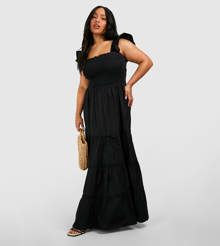 Cotton Frill Sleeves Maxi Smock Dress