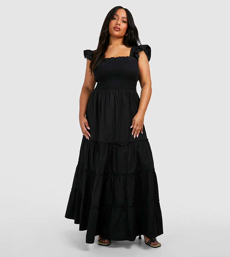 Cotton Frill Sleeves Maxi Smock Dress