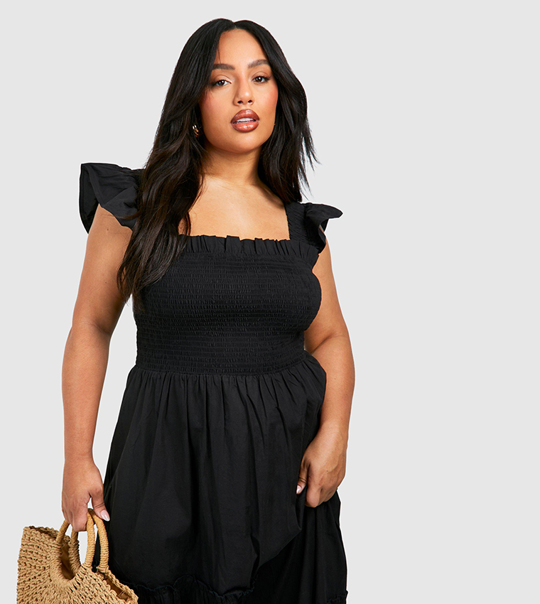 Cotton Frill Sleeves Maxi Smock Dress
