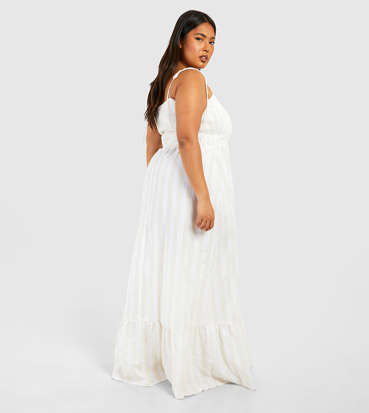 buy-boohoo-linen-look-shirred-striped-bandeau-maxi-dress-in-beige